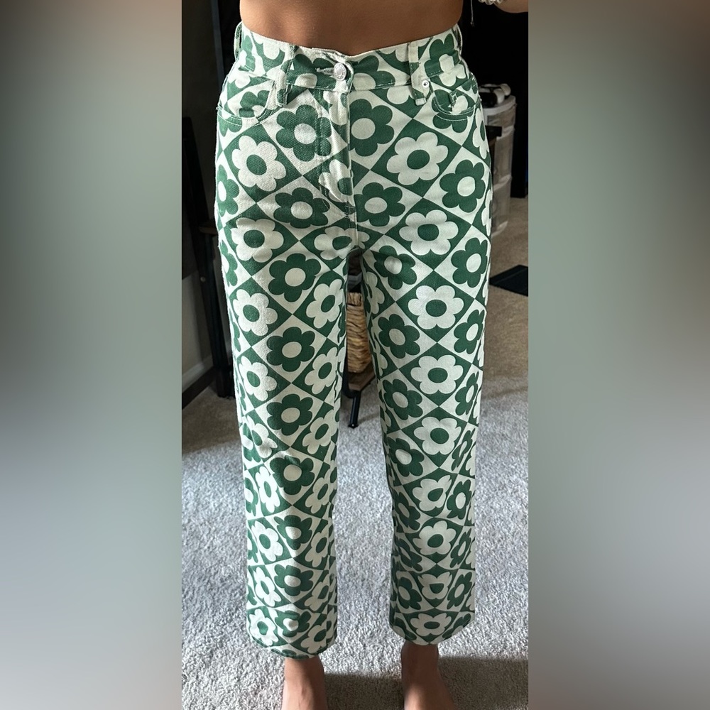Green and white patterned PacSun jeans